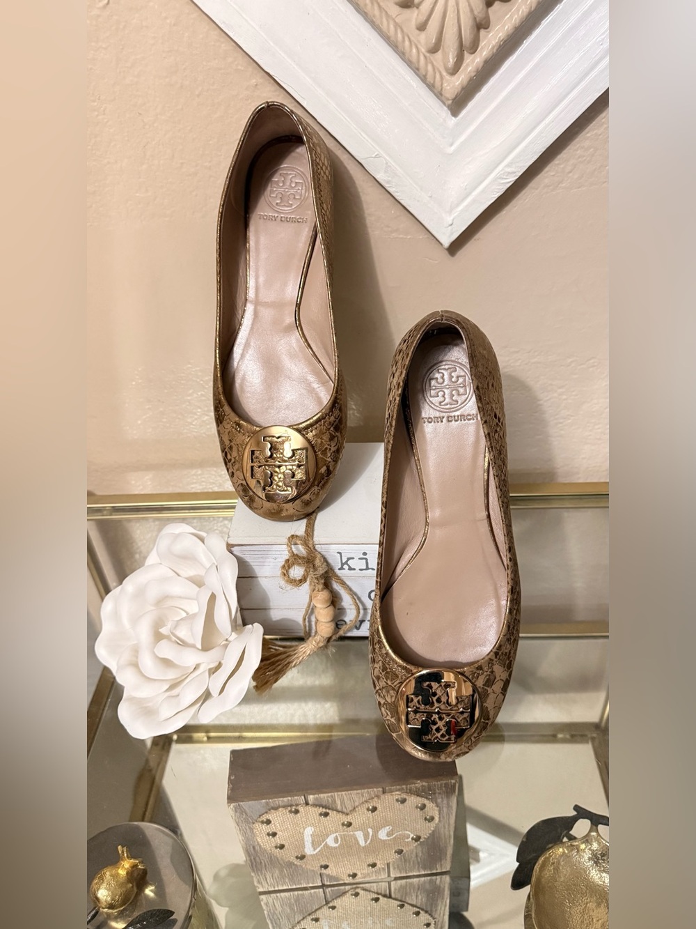 Tory Burch Gold Metallic Logo Reva Flats